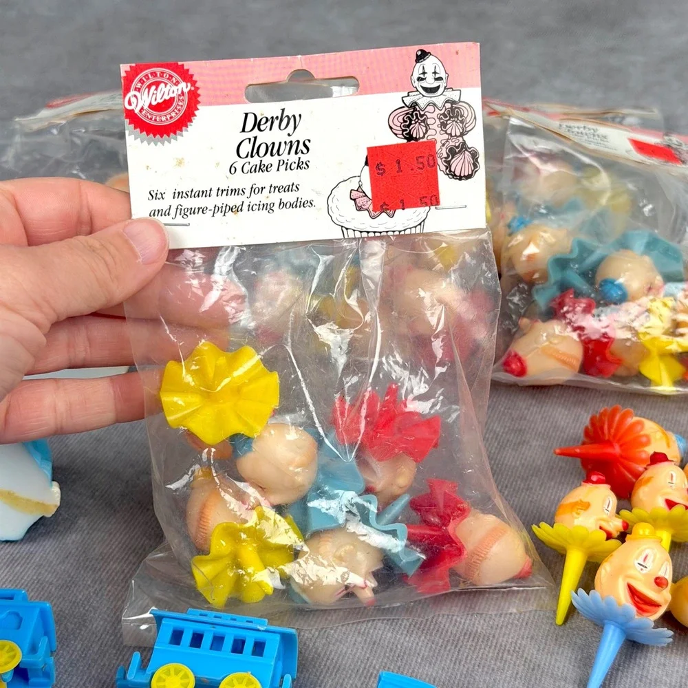 Vintage 1991 Wilton Cake Picks Topper Derby Clowns Train Circus Birthday 40+ Pcs